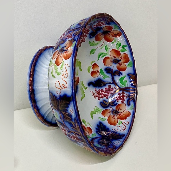 19th Century Vtg Gaudy Welsh Grape Pattern Flow Blue Lusterware Pedestal Bowl - Picture 11 of 16